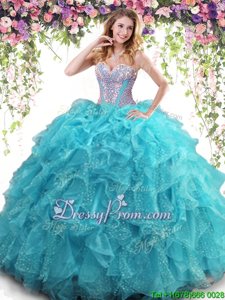 Ball Gowns 15 Quinceanera Dress Turquoise Sweetheart Organza Sleeveless Floor Length Lace Up
