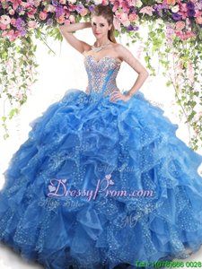 Sweet Floor Length Aqua Blue Quince Ball Gowns Organza Sleeveless Spring and Summer and Fall and Winter Beading and Ruffles