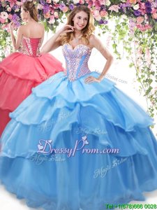 Trendy Baby Blue Sleeveless Floor Length Beading and Ruffled Layers Lace Up Quinceanera Dresses