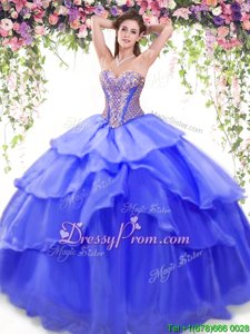 High Quality Floor Length Lace Up Quinceanera Gown Blue and In forMilitary Ball and Sweet 16 and Quinceanera withBeading and Ruffled Layers