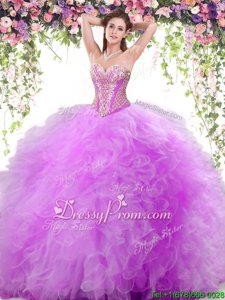 Eye-catching Lilac Ball Gowns Beading and Ruffles Ball Gown Prom Dress Lace Up Tulle Sleeveless Floor Length