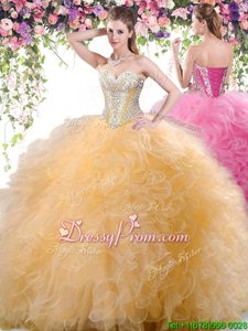 Sweetheart Sleeveless Ball Gown Prom Dress Floor Length Beading and Ruffles Orange Tulle