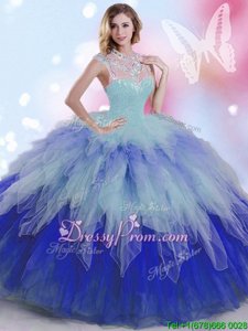 Glorious Spring and Summer and Fall and Winter Tulle Sleeveless Floor Length 15th Birthday Dress andBeading and Ruffles