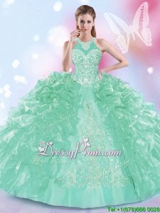 Flare Apple Green Sleeveless Organza Lace Up Quinceanera Gowns forMilitary Ball and Sweet 16 and Quinceanera