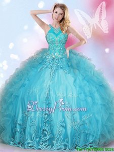 Sumptuous Aqua Blue Lace Up Halter Top Appliques Ball Gown Prom Dress Organza Sleeveless