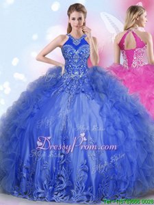 Best Selling Halter Top Sleeveless Lace Up 15 Quinceanera Dress Royal Blue Organza