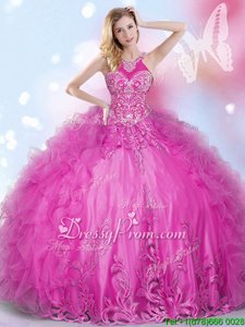 Chic Floor Length Hot Pink Sweet 16 Dress Organza Sleeveless Spring and Summer and Fall and Winter Appliques and Ruffles
