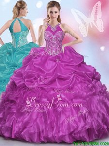 Artistic Halter Top Sleeveless Organza Quinceanera Dress Appliques and Pick Ups Lace Up