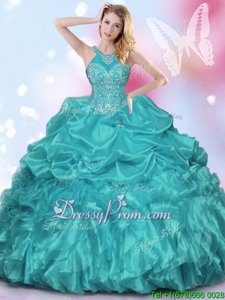 Dynamic Turquoise Lace Up Sweet 16 Dresses Appliques and Ruffles and Pick Ups Sleeveless Floor Length