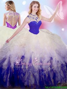 Vintage Tulle High-neck Sleeveless Zipper Beading and Ruffles Sweet 16 Dresses inWhite and Purple