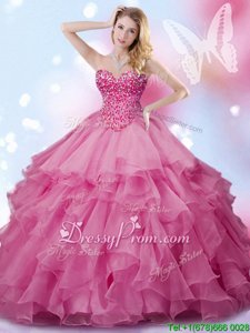 Modest Sleeveless Organza Floor Length Lace Up Sweet 16 Quinceanera Dress inRose Pink forSpring and Summer and Fall and Winter withBeading