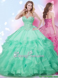 Sophisticated Apple Green Ball Gowns Organza Sweetheart Sleeveless Beading and Ruffles Floor Length Lace Up Sweet 16 Dress