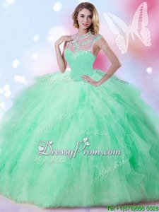 Artistic Spring Green High-neck Zipper Beading and Ruffles and Sequins Quinceanera Dresses Sleeveless
