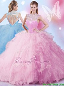 Dazzling Pink Sleeveless Beading and Ruffles and Sequins Floor Length Sweet 16 Quinceanera Dress