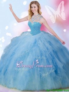Eye-catching High-neck Sleeveless Tulle Quinceanera Gowns Beading and Ruffles and Sequins Zipper