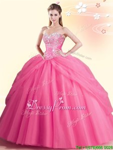 Comfortable Sleeveless Floor Length Beading Lace Up Ball Gown Prom Dress with Watermelon Red