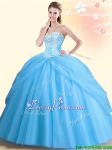High End Aqua Blue Ball Gowns Tulle Sweetheart Sleeveless Beading Floor Length Lace Up Sweet 16 Quinceanera Dress