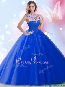 High Class Royal Blue Sleeveless Beading and Sequins Floor Length Quinceanera Gowns