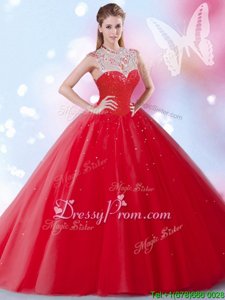 Red Ball Gowns High-neck Sleeveless Tulle Floor Length Zipper Beading and Sequins Sweet 16 Quinceanera Dress