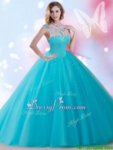 Most Popular Aqua Blue High-neck Neckline Beading and Sequins Quince Ball Gowns Sleeveless Zipper