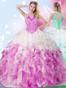 Attractive Sleeveless Floor Length Beading and Ruffles and Pick Ups Lace Up Vestidos de Quinceanera with White and Fuchsia