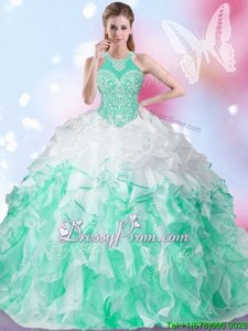 Chic White and Green Organza Lace Up Halter Top Sleeveless Floor Length Quinceanera Gowns Beading and Ruffles and Pick Ups