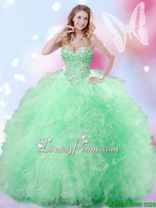 Popular Sweetheart Sleeveless Quinceanera Dress Floor Length Beading and Ruffles Spring Green Organza