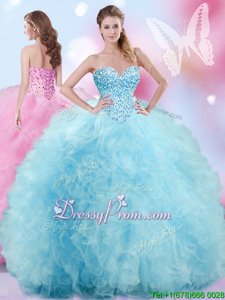 Gorgeous Light Blue Ball Gowns Beading and Ruffles Quince Ball Gowns Lace Up Organza Sleeveless Floor Length