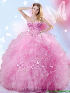 Fantastic Rose Pink Sleeveless Beading and Ruffles Floor Length Quinceanera Gowns