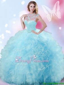 Attractive Sleeveless Floor Length Beading and Ruffles and Pick Ups Zipper Quinceanera Gowns with Light Blue