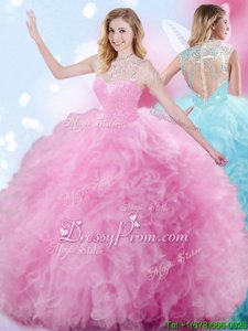 Admirable Ball Gowns 15 Quinceanera Dress Rose Pink High-neck Organza Sleeveless Floor Length Zipper