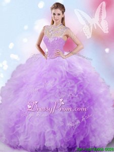 Amazing Sleeveless Floor Length Beading and Ruffles and Sequins Zipper Quinceanera Dresses with Lavender