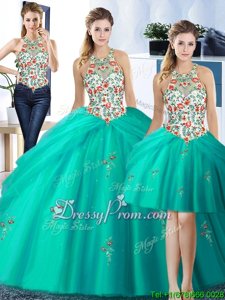 Top Selling Turquoise Tulle Lace Up Halter Top Sleeveless Floor Length Quinceanera Gowns Embroidery and Pick Ups