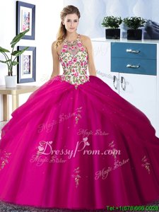 Perfect Tulle Halter Top Sleeveless Lace Up Embroidery and Pick Ups Sweet 16 Dress inFuchsia