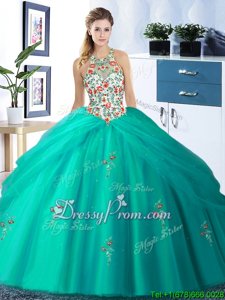 Designer Turquoise Ball Gowns Tulle Halter Top Sleeveless Embroidery and Pick Ups Floor Length Lace Up Vestidos de Quinceanera