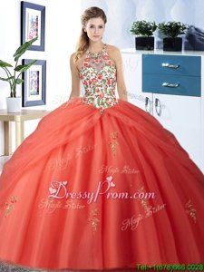 Dramatic Halter Top Sleeveless Sweet 16 Quinceanera Dress Floor Length Embroidery and Pick Ups Orange Red Tulle