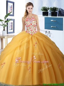 Admirable Embroidery and Pick Ups Quinceanera Dress Gold Lace Up Sleeveless Floor Length