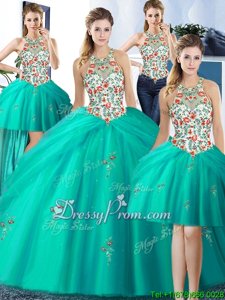 Flare Sleeveless Floor Length Embroidery and Pick Ups Lace Up Quinceanera Dresses with Turquoise