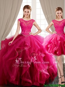 Gorgeous Fuchsia Ball Gowns Tulle Scoop Cap Sleeves Beading and Appliques and Ruffles With Train Lace Up 15th Birthday Dress Brush Train