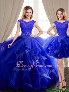 Deluxe Royal Blue Quinceanera Dresses Military Ball and Sweet 16 and Quinceanera and For withBeading and Appliques and Ruffles Scoop Cap Sleeves Brush Train Lace Up