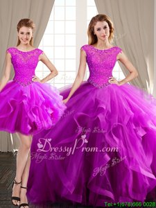 Glittering Lilac Scoop Lace Up Beading and Appliques and Ruffles Quinceanera Gown Brush Train Cap Sleeves