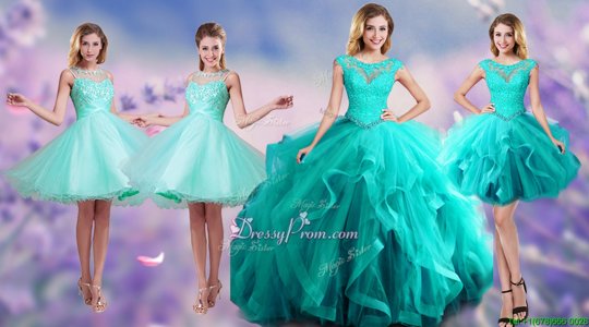 Great Turquoise Quinceanera Gown Prom and Military Ball and Sweet 16 and Quinceanera and For withBeading and Appliques and Ruffles Scoop Sleeveless Lace Up