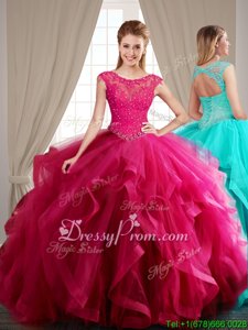 Sumptuous Fuchsia Scoop Lace Up Beading and Appliques and Ruffles Sweet 16 Dresses Brush Train Cap Sleeves