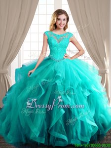 Fancy Beading and Appliques and Ruffles Ball Gown Prom Dress Turquoise Lace Up Cap Sleeves With Brush Train