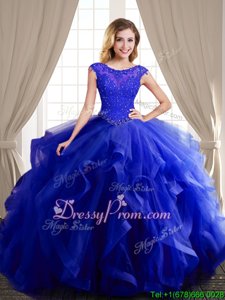 Fashionable Royal Blue Ball Gowns Scoop Cap Sleeves Tulle With Brush Train Lace Up Beading and Appliques and Ruffles 15th Birthday Dress