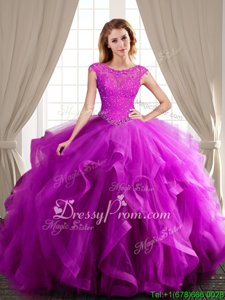 Beauteous Lilac Lace Up Scoop Beading and Appliques and Ruffles Quinceanera Dress Tulle Cap Sleeves Brush Train