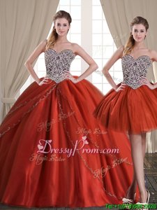 Noble Brush Train Ball Gowns Quinceanera Dresses Rust Red Sweetheart Tulle Sleeveless With Train Lace Up