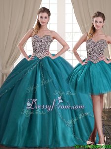 Custom Designed Sweetheart Sleeveless Tulle Vestidos de Quinceanera Beading Brush Train Lace Up