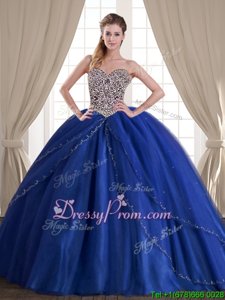 Fabulous Sleeveless With Train Beading Lace Up Sweet 16 Dresses with Royal Blue Brush Train