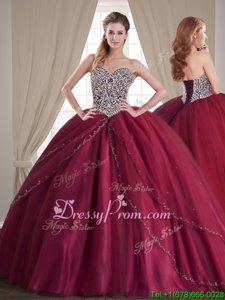 Pretty Sweetheart Sleeveless Brush Train Lace Up Vestidos de Quinceanera Burgundy Tulle
